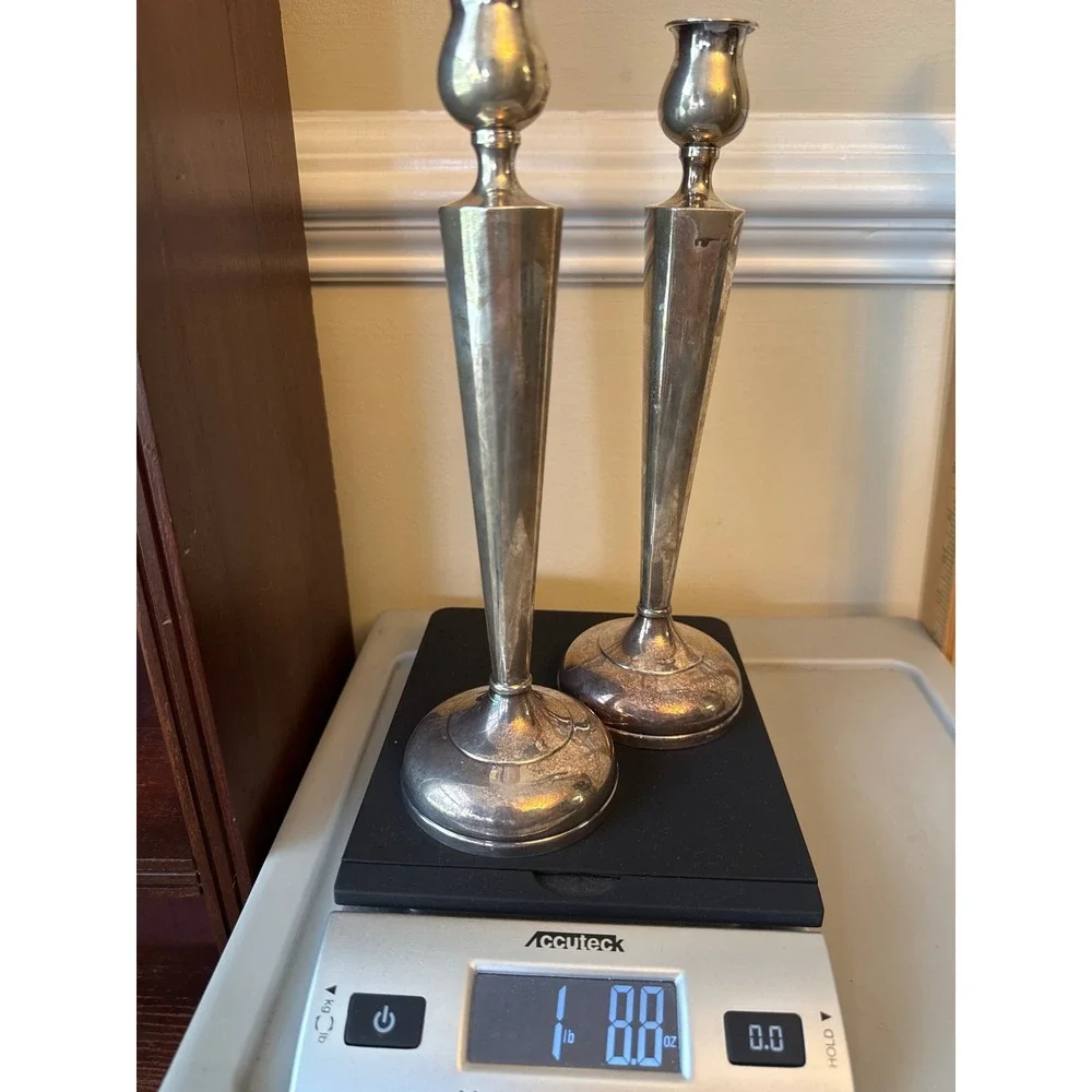 Vintage Sterling Silver Weighted Candlesticks Pair Art Deco Taper 9.5